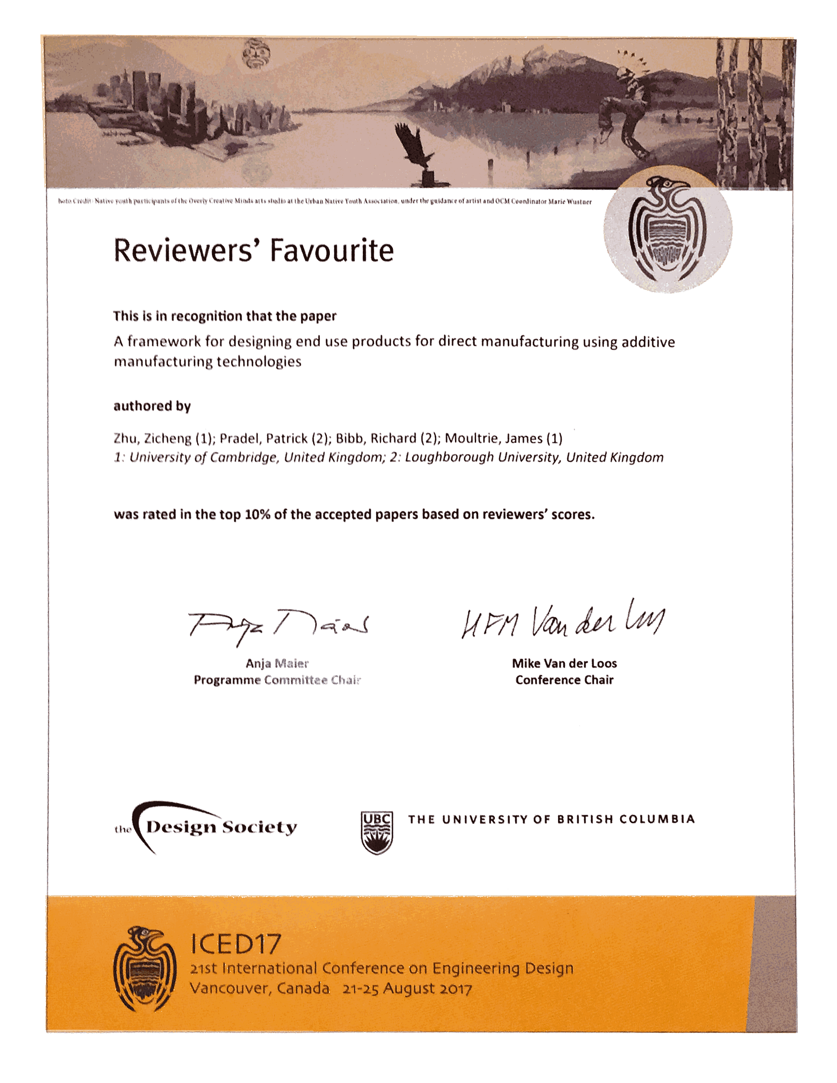 ICED top paper certificate